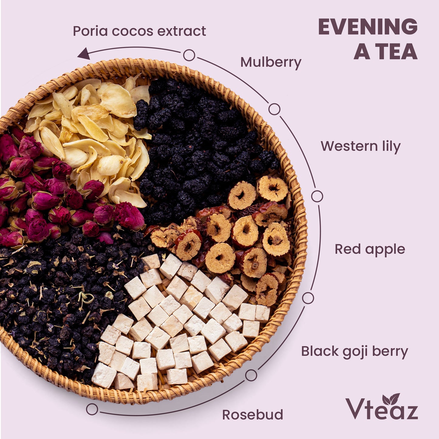 Evening A Tea, Premium Loose Herbs Tea, Freeze-Dried Mulberry mixed Herbal Tea, Mushroom Tea, Black Goji Berry Tea