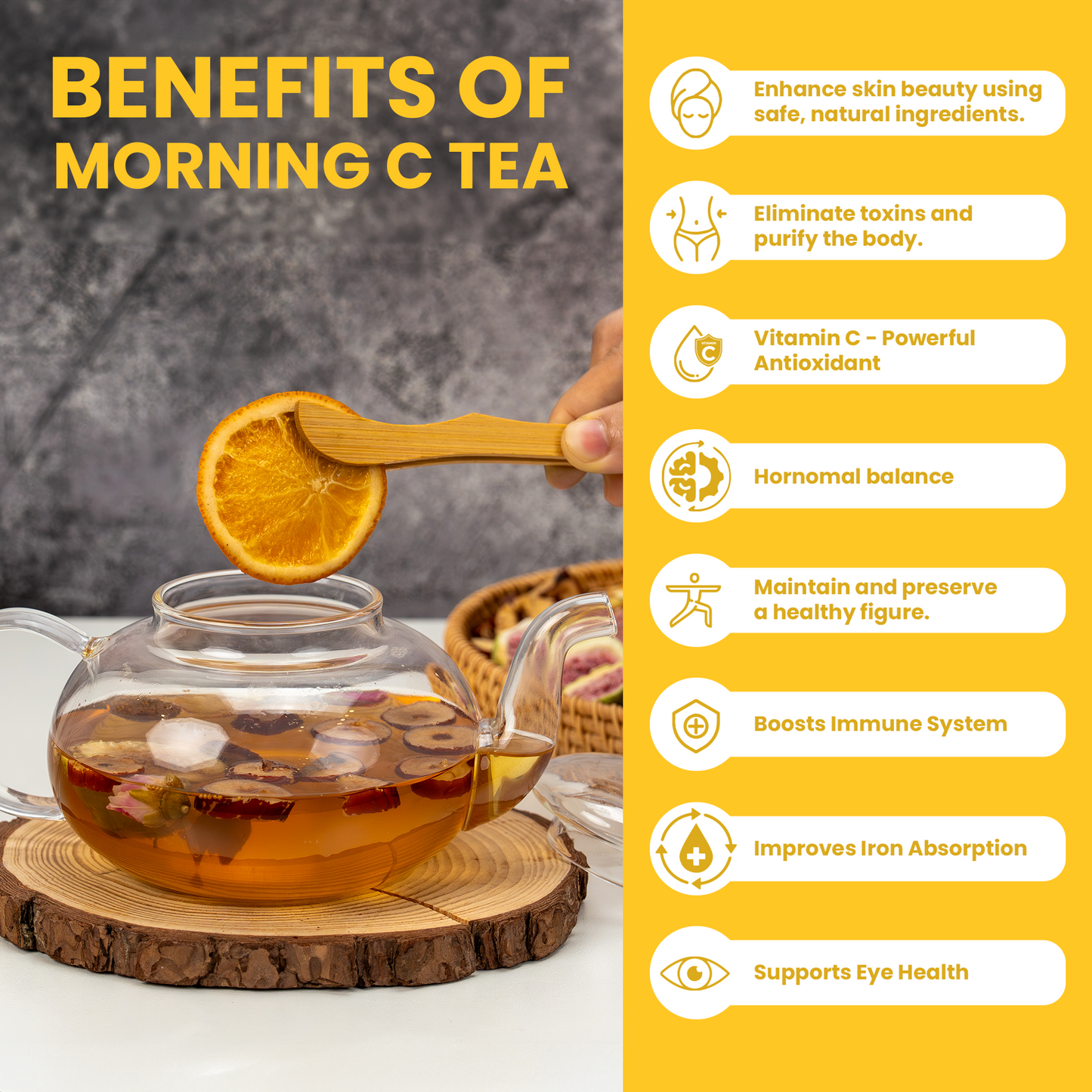 Morning C Tea, Premium Loose Herbs Tea, Freeze-Dried Vitamin C mixed Herbal Tea, Orange Tea, Natural Rose Tea