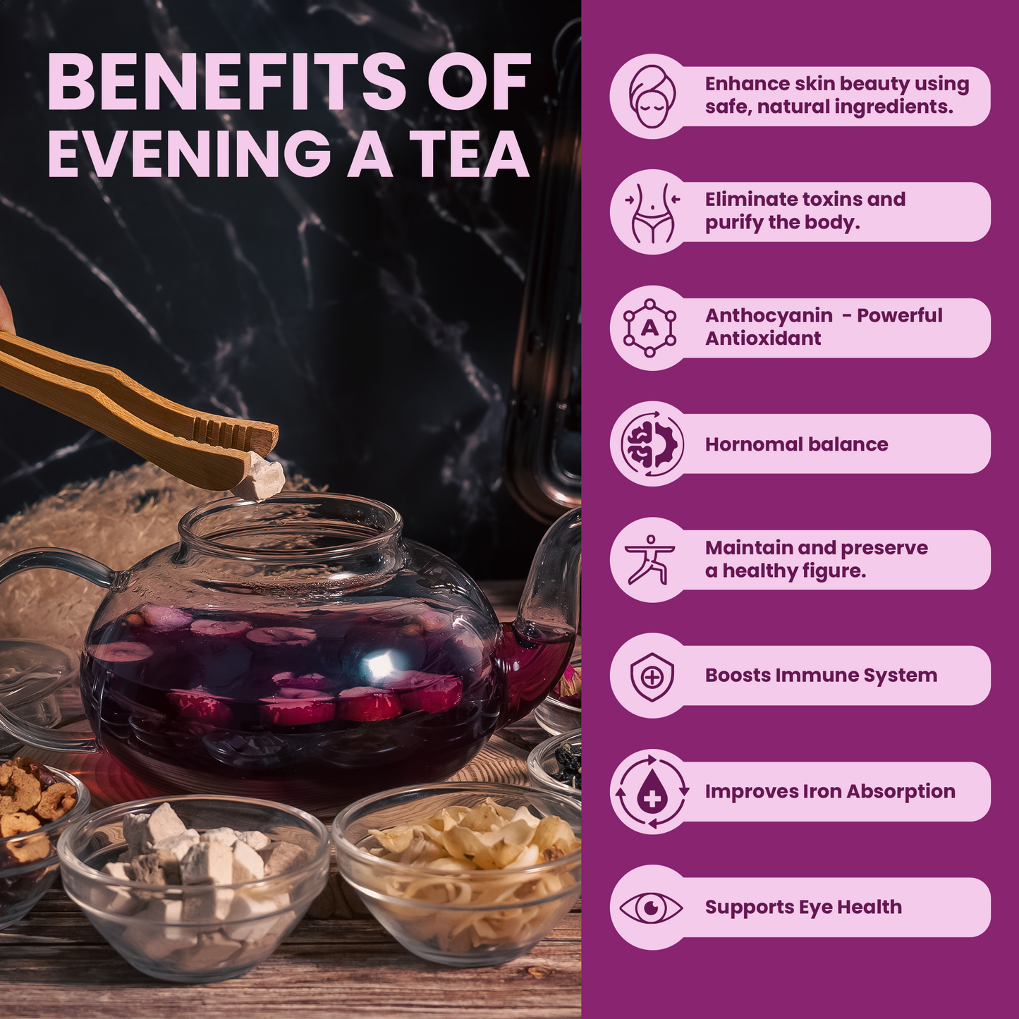 Evening A Tea, Premium Loose Herbs Tea, Freeze-Dried Mulberry mixed Herbal Tea, Mushroom Tea, Black Goji Berry Tea